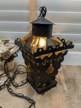 Vintage Gothic Medieval Spanish Metal & Amber Glass Hanging Light Fixture