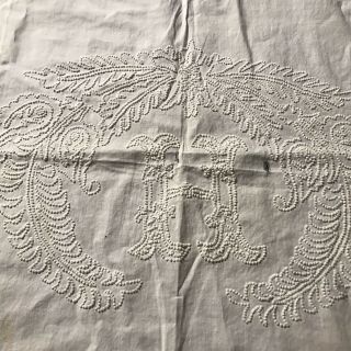 Antique White Linen Over Lay Pillow Cover Sham Soutache Embroidery Monogram H