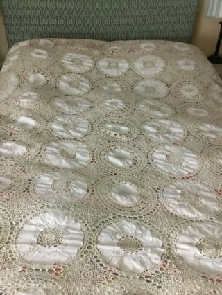 A Large Cream Crochet And Embroidered Linen Bed Cover 185 X 280cm