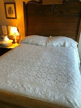 Vintage Handmade Crocheted Coverlet Lace White Blanket & 2 Shams Set