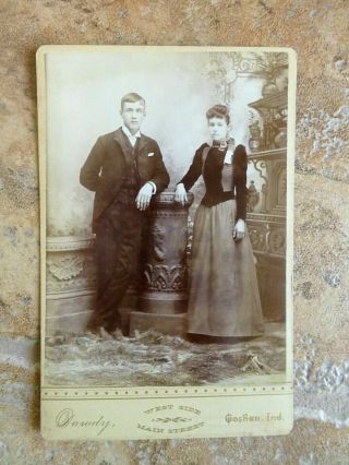 Antique Cabinet Photo Handsome Couple Young Man & Woman Pretty Dress Goshen In
