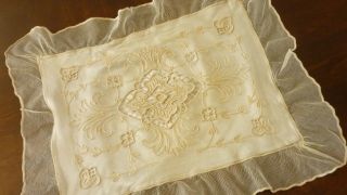 Antique Silk & Tambour Net Lace Boudoir Pillow 12 " By 17 " Plus Ruffle