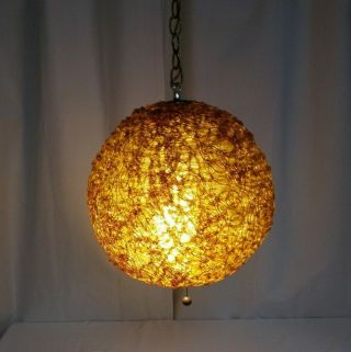 Vintage Mid Century Modern Spaghetti Spun Globe Hanging Swag Lamp Amber Yellow