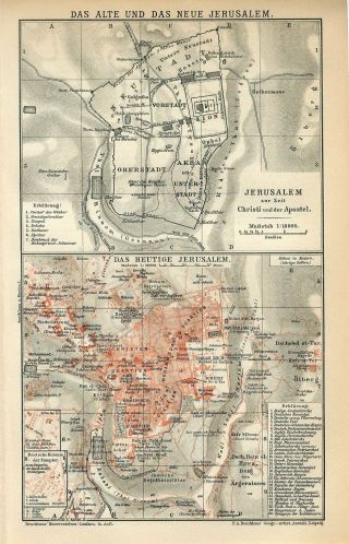 1897 Jerusalem Old And City Plan Palestine Israel Antique Map