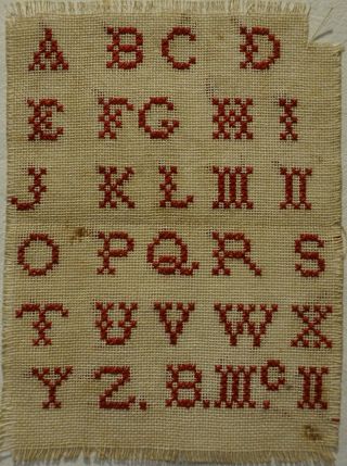 Small Late 19th Century Red Stitch Work Sampler Initialled B.  Mcn - C.  1880