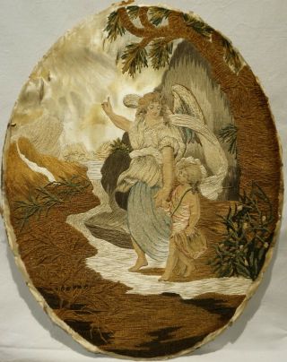 Early 19th Century Oval Silk Work Of A Female Angel & Young Child - C.  1830
