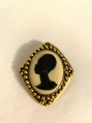 Vintage Rare Coreen Simpson Black Cameo Brooch African - American Gold Tone Pin