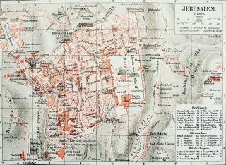 1897 Antique City Map Of Jerusalem.  Israel.  Palestine.  Holy Land.  123 Years Old