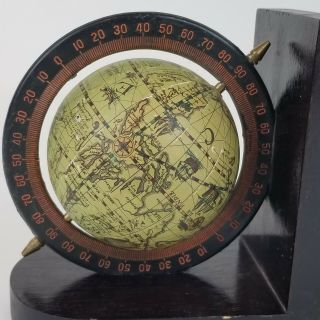 Vintage MCM Pair Old World Map Globe Book Ends Spinning Rotating Wood 2