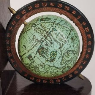 Vintage MCM Pair Old World Map Globe Book Ends Spinning Rotating Wood 3