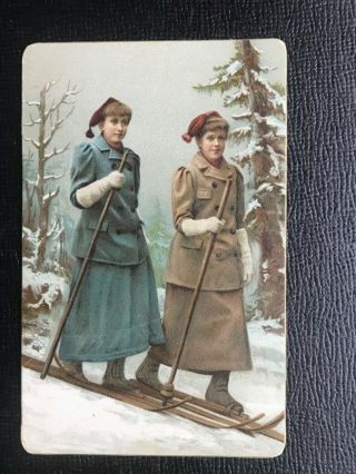 Norwegian Women Skiing Long Wood Skis Poles Christmas Circa 1900 Norway Color