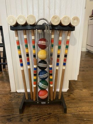 Vintage Forster Croquet Set With Standing Caddy 6 Player Set 3” Balls 25” Mallet