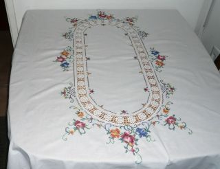 Vintage Large Hand Embroidered Cross Stitch Crochet Lacy Tablecloth 66 " X 50 "