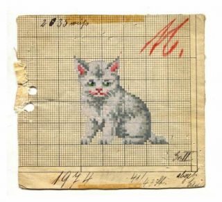 Antique Berlin Woolwork Hand Painted Chart Pattern Cat Kitten
