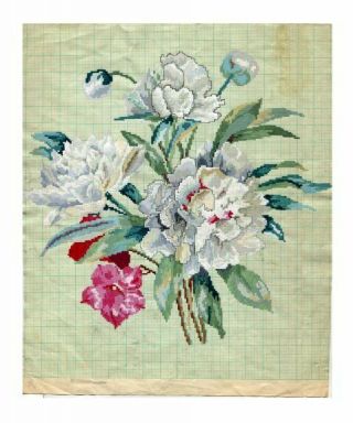 Antique Berlin Woolwork Hand Painted Chart Pattern White Peonies