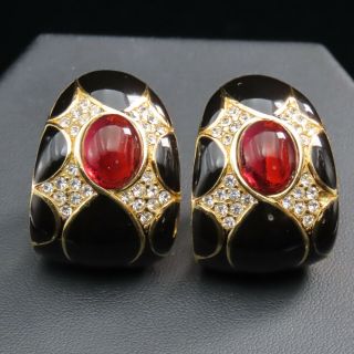 Vintage Ciner Moghul Jewels Of India Black Enamel Gripoix Red Cabochon Earrings
