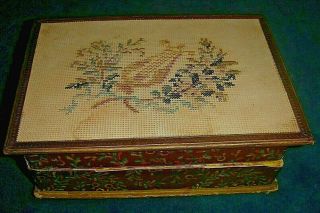 Antique Box With Embroidered Top And Mirror In Lid Possibly Sewing Box