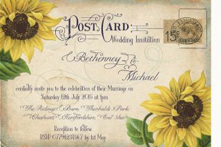 Personalised Vintage Postcard Sunflower Wedding Invitations Packs Of 10