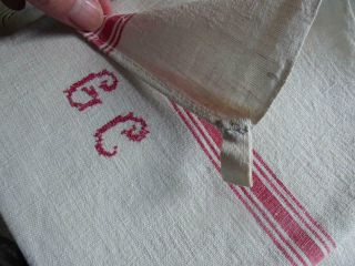 3 Antique French Pure Linen Towels Red Stripes Gc Napskin