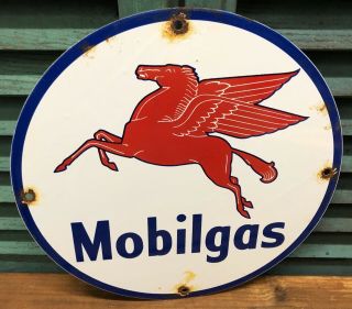Old Vintage Mobilgas Gasoline Motor Oil Porcelain Enamel Gas Pump Advertise Sign