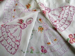 Vintage Tablecloth Hand Embroidered With Crinoline Ladies