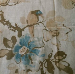 Antique Art Deco Floral Bird Cotton Fabric Blue Brown Tan Beige Tea Tone