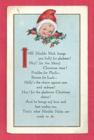 Vintage Whitney Made Christmas Greetings Postcard,  Nimble Nick,  Up