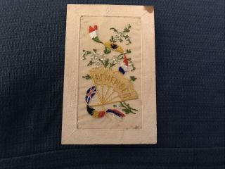 Vintage Postcard - Silk - Fan With Remember - Flag Banner And Flowers R13