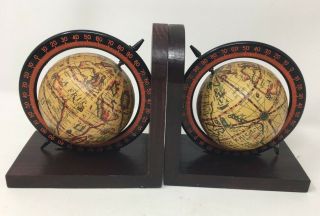 Old World Map Spinning Globes Bookends Wood Base Set Of 2 Armbee Vintage