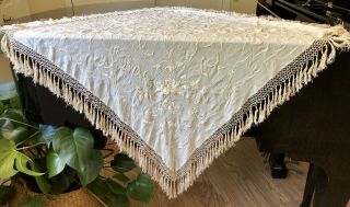 Antique Hand Embroidered Ivory Silk Piano Shawl 38” By 38” Including 4” Fringe