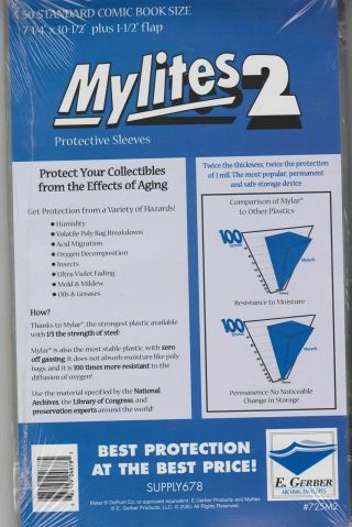 100 E.  Gerber Mylites 2 Mil Mylar Thick Standard Comic Book Bags Sleeves 725 M2