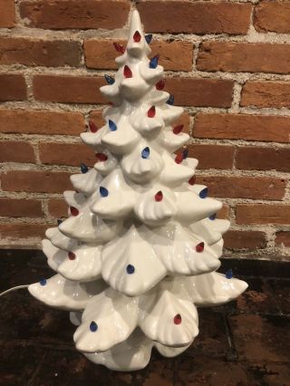 19 " Vintage 70’s Mold White Ceramic 3 Piece Red Blue Christmas Tree Patriotic