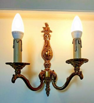 French Pair Double Wall Lights Vintage Candle Holders Brass Patina Chateau Style