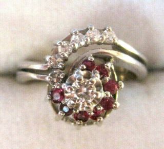 Gorgeous Vintage 14k White Gold Diamond & Ruby Wedding Ring Set Sz 6 - 4.  9 Grams