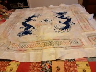 Antique Vintage Pina Linen Tablecloth Hand Embroidered Blue Chinese Dragons