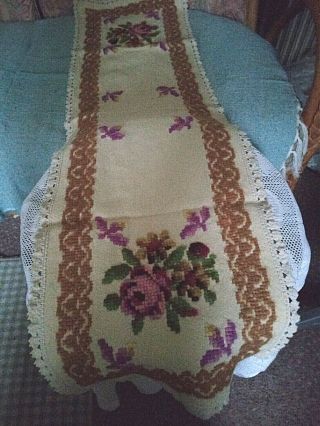 French Vintage Hand Embroidered Crewel Table Runner Lovely Florals