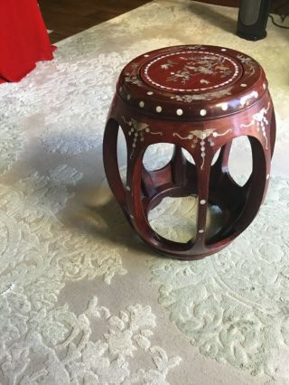 Vintage Chinese Rosewood Mother Of Pearl Inlay Round Barrel Stool Side Table