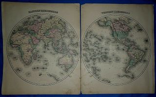 Vintage 1876 Atlas Map The World In Hemispheres Old & Authentic S&h