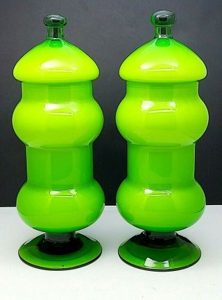 Pair Vintage Empoli Italian Green Cased Glass Footed Apothecary Jars