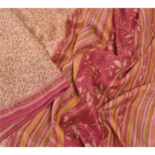 Sanskriti Vintage Cream Sarees Pure Silk Printed Sari Soft 5 Yd Craft Fabric