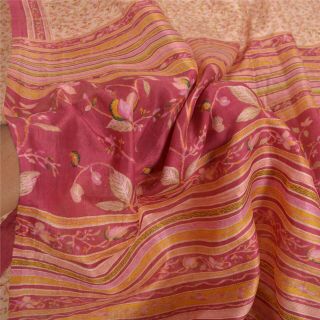 Sanskriti Vintage Cream Sarees Pure Silk Printed Sari Soft 5 Yd Craft Fabric 2