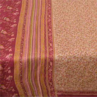 Sanskriti Vintage Cream Sarees Pure Silk Printed Sari Soft 5 Yd Craft Fabric 3