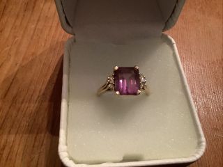 Estate Vintage 14k Gold Amethyst Square Ring With Diamonds Size 7