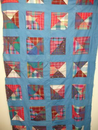 Qt 2 - Vintage Quilt Top,  Blue Plaids,  Partial Plus Material,  1980 