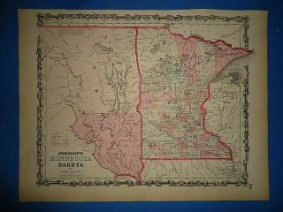 Vintage 1862 Dakota Territory Minnesota Map Old Antique Johnson 