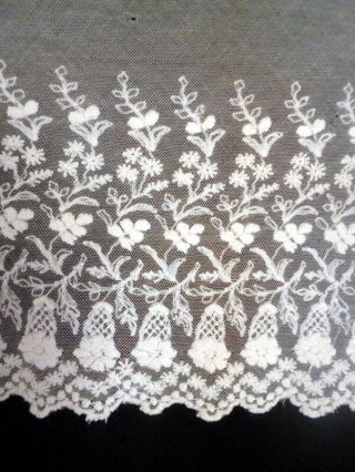 Antique 19th Century Hand Embroidered Floral Net Lace Piece 13 " X 29 "