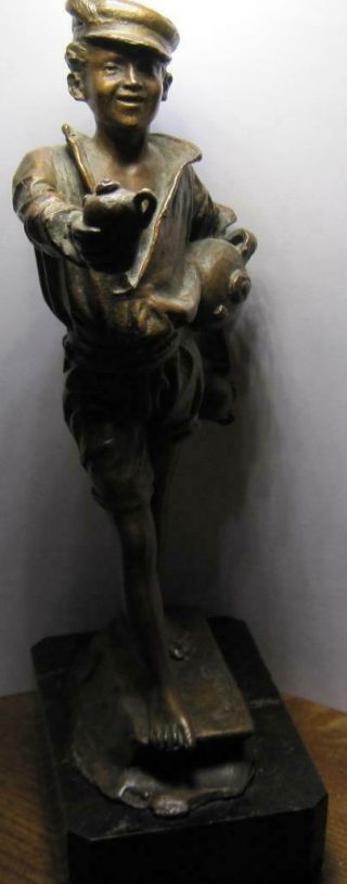 Antique Vintage French Bronze Sculpture Young Boy Offering Beverage Signed Detai