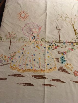 Vintage White 1940s Hand Embroidered Tablecloth Crinoline Lady