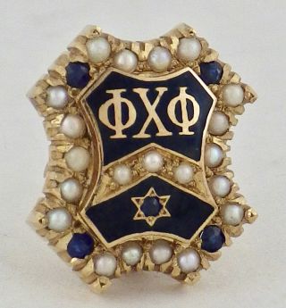 Vintage 1950 10k Yellow Gold Phi Chi Phi Fraternity Pin Seed Pearls & Sapphires