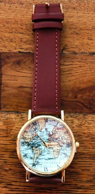 Ancient Old World Map Design Unisex Brown Leather Wrist Watch